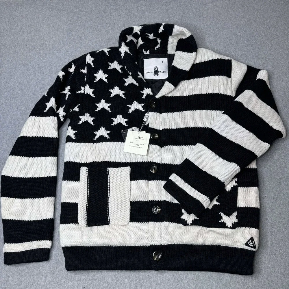 VINTAGE RARE Uncle Ralph UR-801 Men's Button Up Quilted Jacket Allover Flag Sz L